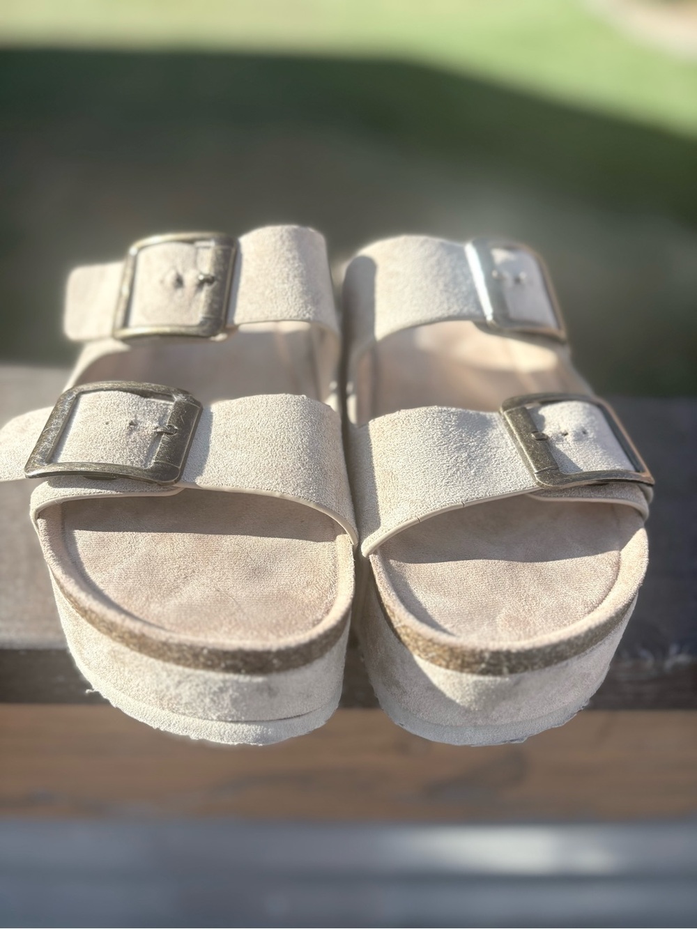 Madden Girl - Platform Beige Suede Double Buckle Slide Sandals Size 8